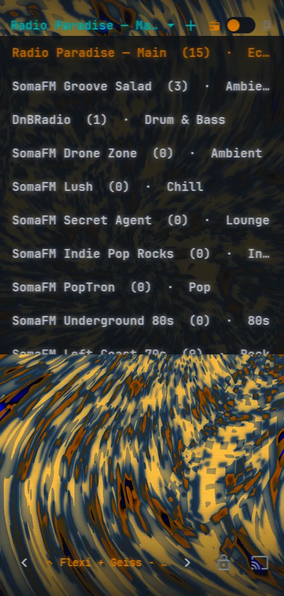 The station picker listing stations with saved-track counts and genres