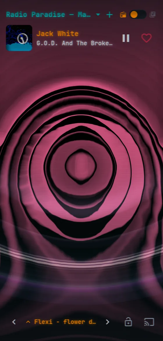 The projectM visualizer filling the screen with a reactive cloud of color